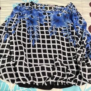 Blue Floral Grid Pattern Blouse